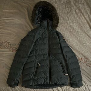 ROXY Ski Jacket Womans: Medium Green Faux Fur Trim Hooded Snowboarding Coat